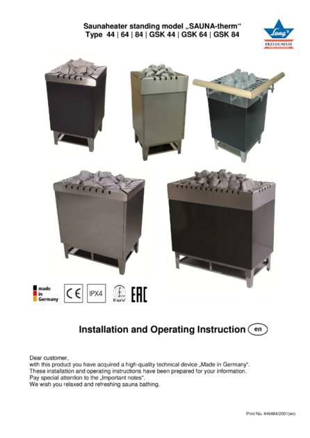 Ewald Lang Sauna-therm Typ 44, 64, 84, GSK 44, 64, 84, cтраница 1